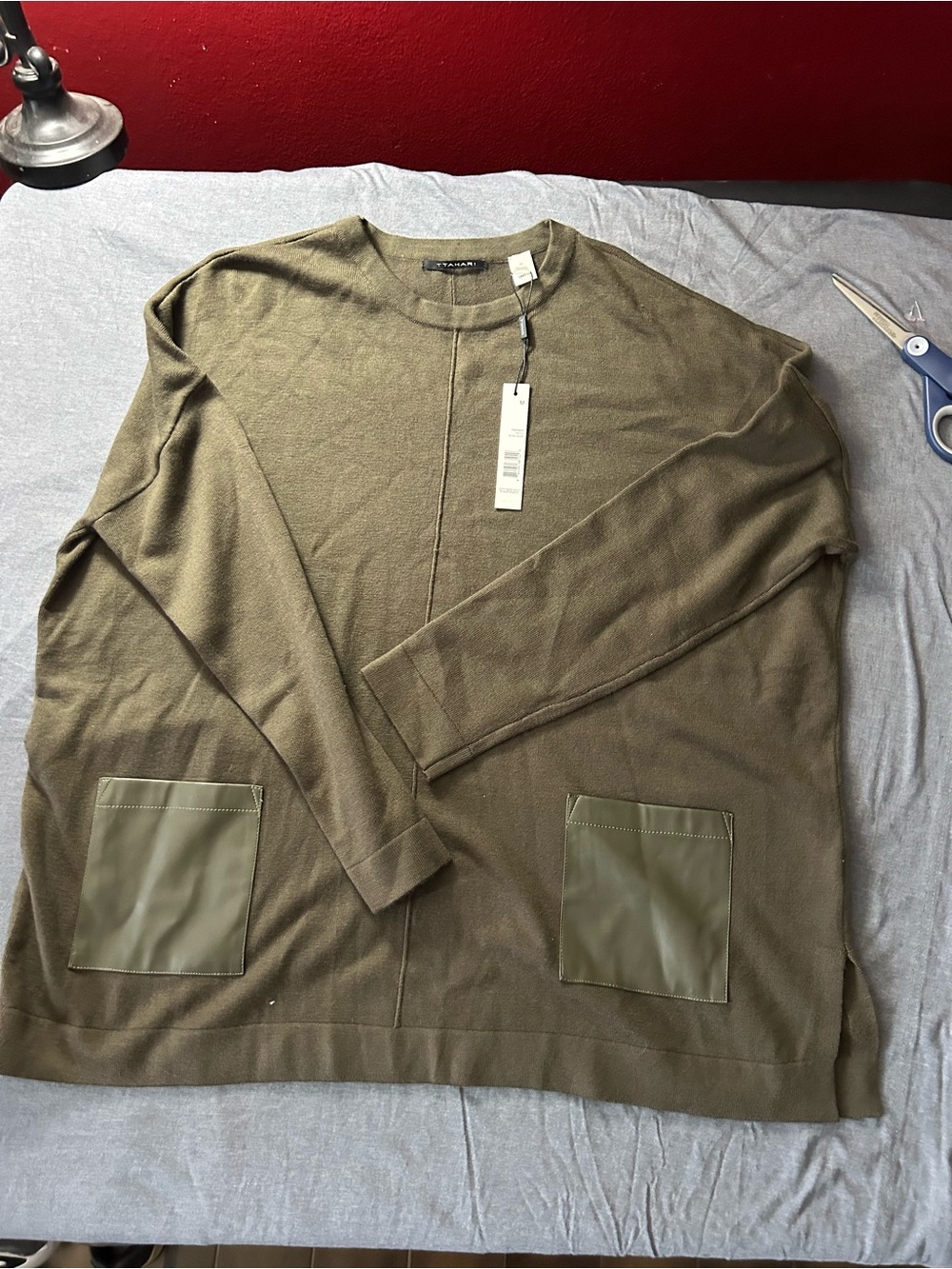 T Tahari Olive Crewneck Sweater with Front Patch Pockets